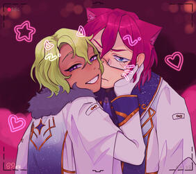 lineart + shading + minimal render halfbody featuring 2 characters